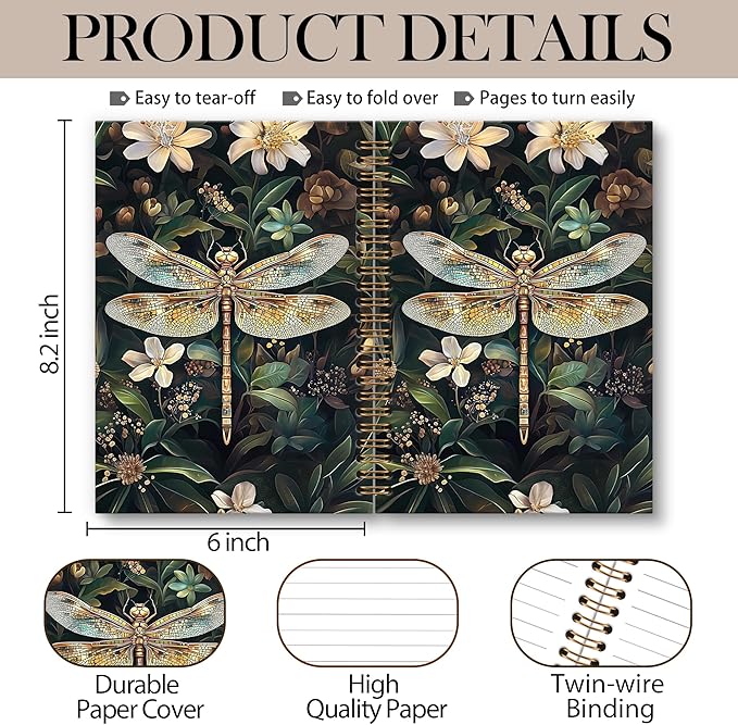 Dragonfly Gifts Notebook Journal Dragonfly Gifts for Women Spiral Notebook, Vintage Floral Botanical Dragonflies Notebooks Gifts for Women Girls, Dragonflies School Office Supplies, 6x8.2In