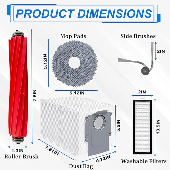 28Pcs Accessories Replacement Kit for Roborock QV35A/QV35S,QR798/QR598 Robot Vacuum,2 Main Brush,4 Filters,8 Mop Pads,6 Dust Bags,6 Side Brushes,2 Tools
