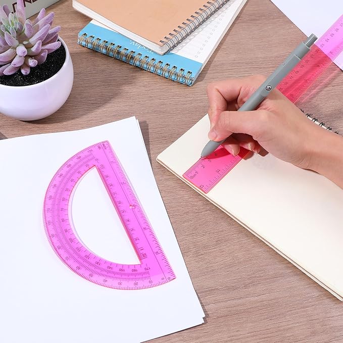 2 Pack Pink Plastic Ruler and Protractor Set 12 Inch and 6 Inch Plastic Protractor Set Clear Math Drafting Geometry Sets Transparent Ruler Sets for Home Office Drawing Architect Engineer