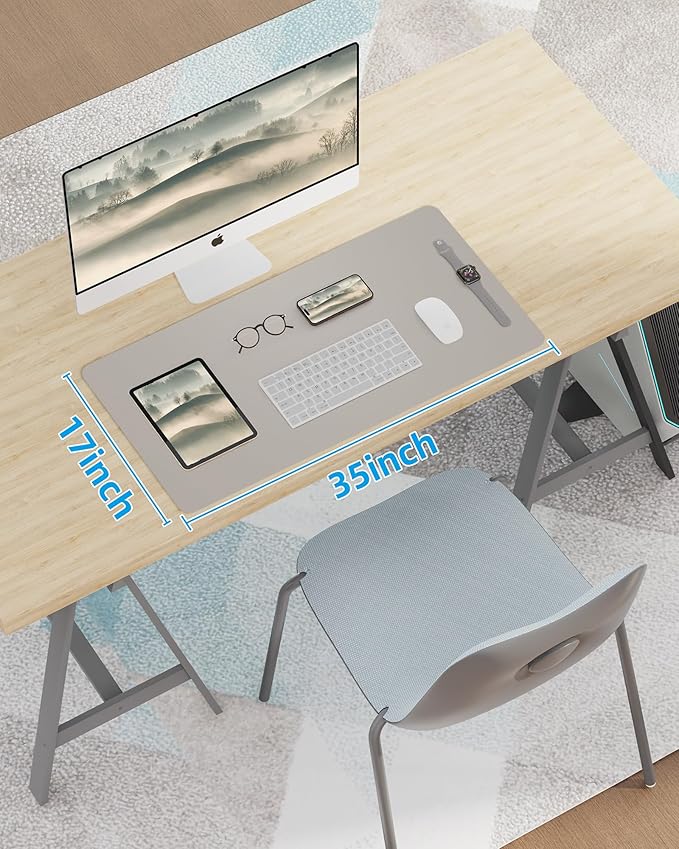 Leather Desk Pad Blotter,Mouse Pad,Office Desk Mat, Non-Slip PU Leather Desk mat,Large Desk mat,Waterproof Keyboard mat for Office/Home/Decor (Light Grye,35" x 17")