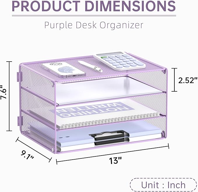 DALTACK 3 Tier Letter Tray Paper Organizer Mesh Metal Desk File Organizer for Home & Office, Light Purple