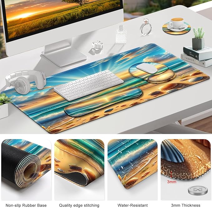 Gaming Mouse Pad, Large Desk Mat, Cute Desk Pad Protector, 4in1 XXL Mousepad + Keyboard Wrist Rest+Mouse Wrist Rest+Coaster Set with Ergonomic Desk Pad for Home Office Computer, Beach Sun Shell