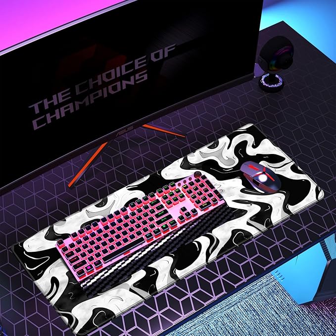 Black and White Desk Mat Mouse Pad XL Big Mousepad Gaming Large Mouse Pad Desk Pad with Stitched Edges Non-Slip Large Computer Mat, 31.5x11.8 in-Flowing Liquid Metal