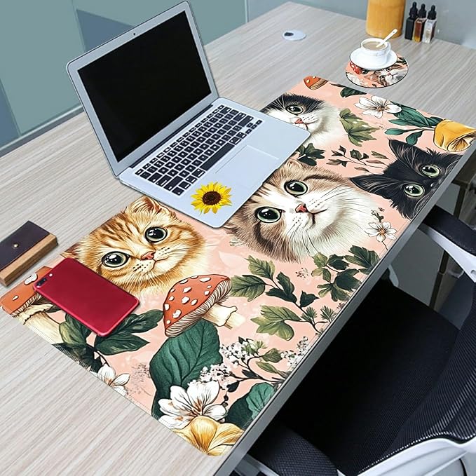 Desk Mat Large Gaming Mouse Pad (31.5x11.8 inch) with Stitched Edges, XL Mouse Pad +Coaster, Extended Mouse Mat Keybroad Mousepad Non-Slip Rubber for Gamer Men Women, Cute Cats