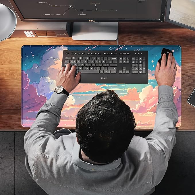 Cool Pink Desk Mat Pastel Clouds Large XXL Gaming Mouse Pad Non-Slip Rubber Base Mousepad, Office Desktop Decor Desk Pad, Computer Laptop Keyboard and Mouse Mat with Stitched Edges, 31.5x15.75 in