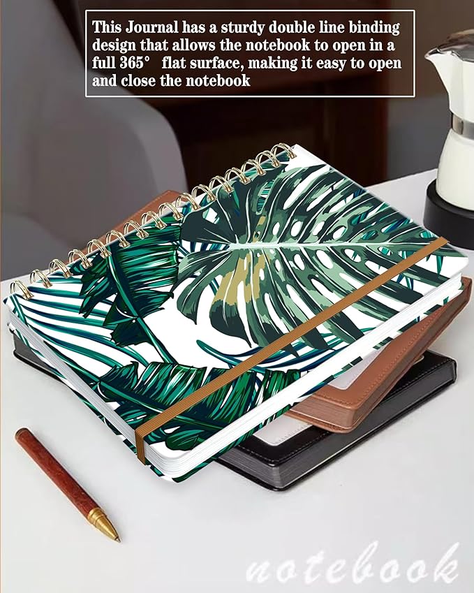 Spiral Journal Notebook for Women, Hardcover A5 College Ruled Notebook, 120 Pages, Thick Paper, Cute Lined Journal for School, Office & Work, 6 x 8.4 in(Palm Leaves)