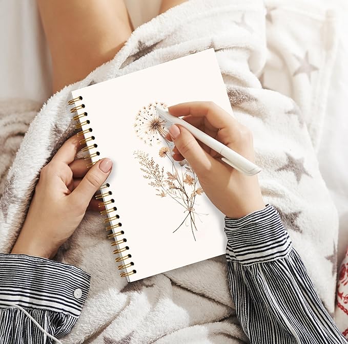 JWVK Boho Floral Spiral Notebook, Rustic Neutral Flower Herbs Notebooks for Note Taking, Cottagecore Wildflower Botanical Journal for Women, Boho Office Supplies, 5.5x8.3 Inch