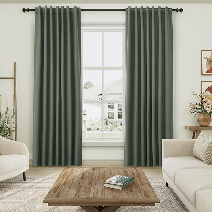 Blackout Olive Green Linen Curtains 96 Inches Long Back Tab Heat Reflective Full Light Block Out Curtains 2 Panels for Bedroom Windows Textured Long Draperies with Liner Floor to Ceiling Length 8Ft