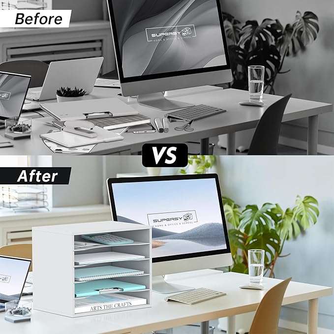 SUPEASY Wood Desk Organizer, 5 Tier Paper File Organizer for Desk, Wooden Desktop Organizer, Paper Letter Literature Mail Sorter, for Office School & Home Organization, White