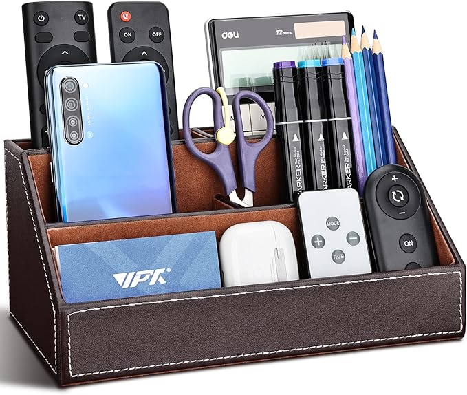 KINGFOM Pu Leather Desk Organizer with 5 Compartments Holder, Multi-Functional Office Supplies Storage Caddy for Pen/Pencil, Phones, Remote Controller and Desktop Accessorie Brown