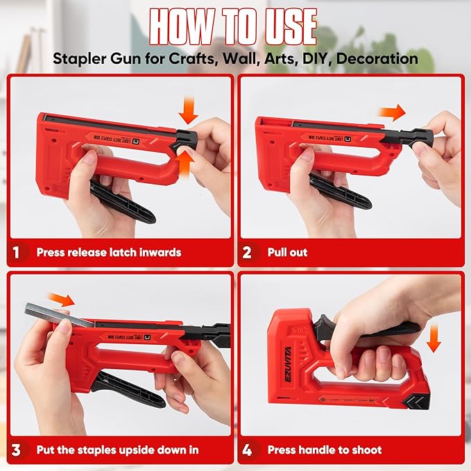 Light Duty Staple Gun for Wood, Red Upholstery Staple Gun Kit with 2000pcs JT21 Staples 1/4, 5/16, 3/8 inch and Staple Remover, Stapler Gun for Crafts, DIY, Classroom, Decoration
