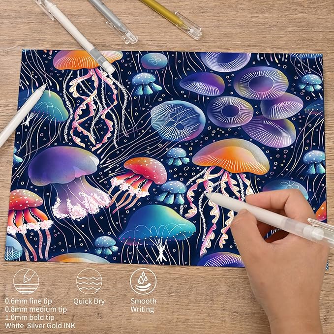 Gold Silver White Gel Pens - 0.6/0.8/1.0mm Extra Fine Point Opaque Archival Ink Pen Set for Black Paper Art, Holiday Gifts & Bullet Journaling - 9 Pack Gel Pens for Artists, Card Making Sketching