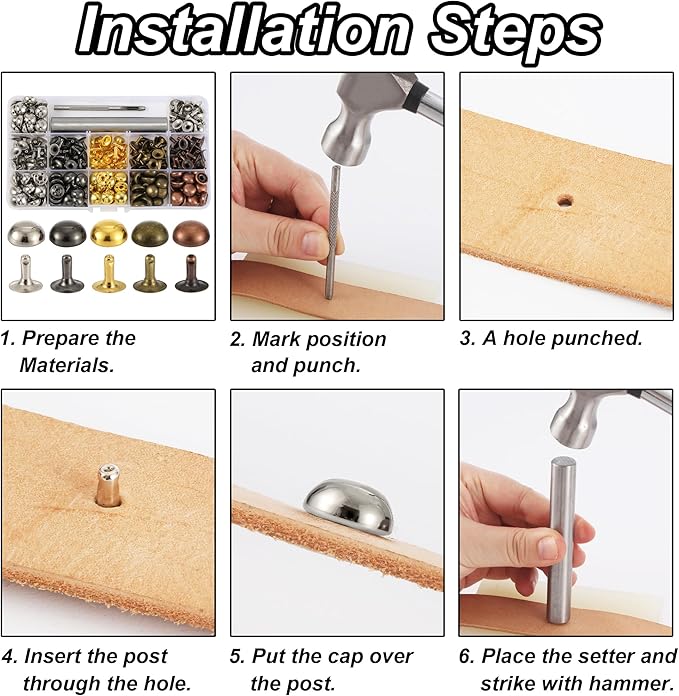 YORANYO 150 Sets 12x6mm Round Dome Leather Rivets Studs for Clothing Purse Feet for Handbags Studs and Spikes with Hole Punch and Mushroom Rivets Setter for Shoes Bags Belts Dog Collars Leather Craft