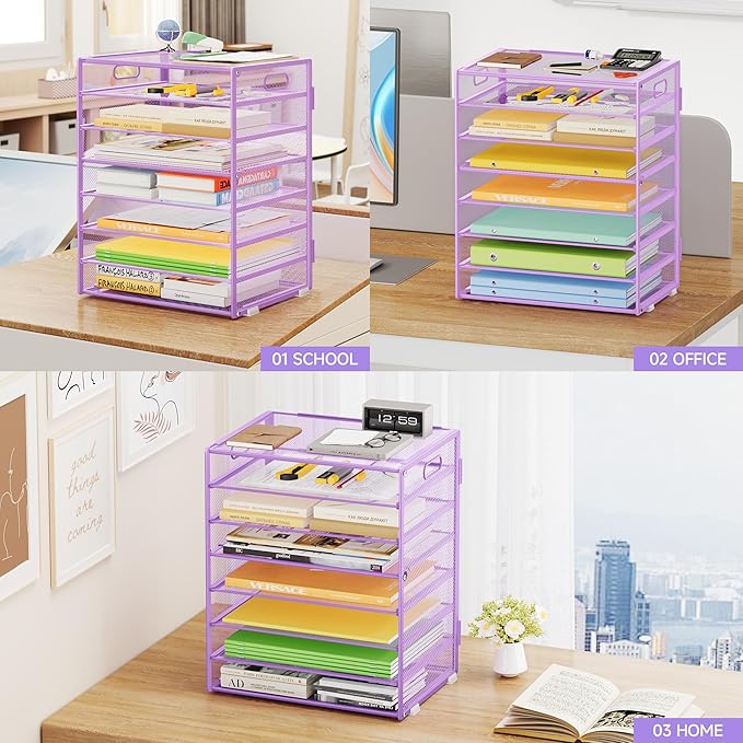 Paper Organizer with Handle Metal Mesh File Sorter for Desk Organizers Paper Letter Tray Desktop Document Sorter for Office or School 2 Pack 8 Tier Purple Desk Storage