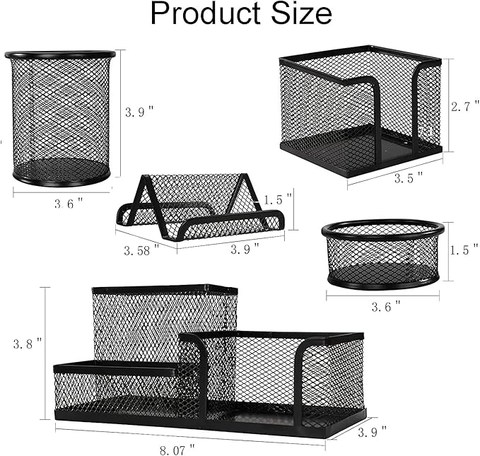 Mesh Pen Holder for Desk Pencil Holders 5 Pieces Desk Organizer Office Supplies Caddy with Sticky Notes Holder for Office School Home Black
