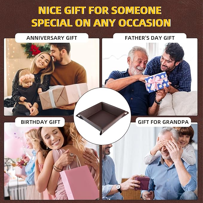 Leather Valet Tray for Men and Women - Jewelry Tray Nightstand Organizer - Bedside Vanity Tray - Dresser Catchall Tray - Desk Organizer and Storage for Keys, Phone, Wallet, Coin(Square)