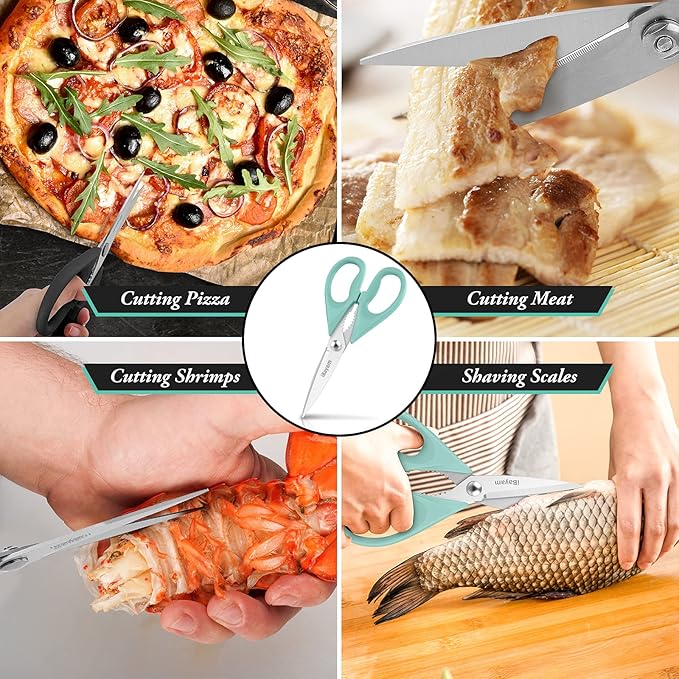 Kitchen Shears, iBayam Kitchen Scissors All Purpose Heavy Duty Meat Poultry Shears, Dishwasher Safe Food Cooking Stainless Steel Utility Scissors, Home Apartment Essentials, 2-Pack, Black, Aqua Sky