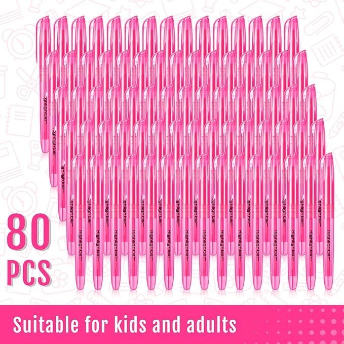 Fulmoon 80 Pieces Highlighters, Chisel Tip Bright Colors Quick Drying Markers for Adults Kids Highlighting in the Home School Office (Pink)