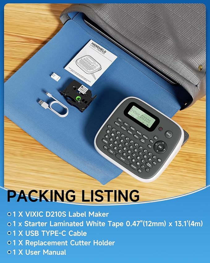 Vixic Label Makers, Label Maker Machine with-Tape 12mm 0.47 Laminated White, D210S Portable Label Maker with Keyboard, Labeling Machine with Multiple Fonts for Home Office Organization