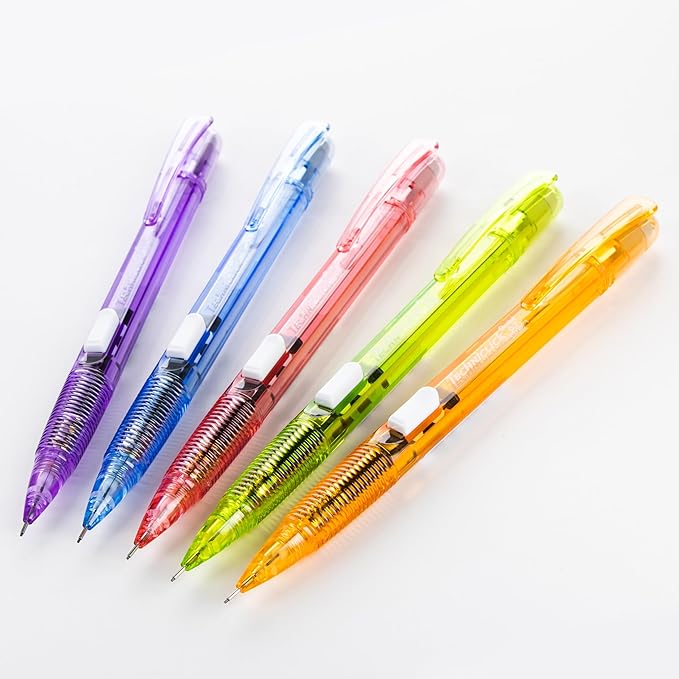 Pentel Techniclick 0.7mm Mechanical Pencil – Pack of 5, Smooth Writing Pencil for Students & Professionals, Medium Line, Side-Click Lead Advance, Assorted Pastel Barrel Colors (PD107TBP5M)