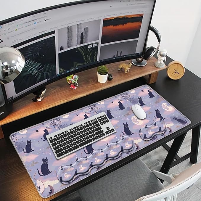 Keyboard Mouse Pad Set,Large Mouse Pad+Keyboard Wrist Rest+Wrist Support+Coaster,31.5x11.8in Extended Desk Mat for Computer Laptop Office Home - Cute Cat and Moon