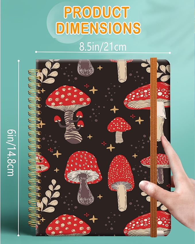 Ruled Spiral Writing Notebook,A5 Hardcover Lined College Journal for Women,Strong Twin-Wire Binding with Premium Paper,8.4" X 6",Perfect for School,Office,Home(Cute Mushroom)
