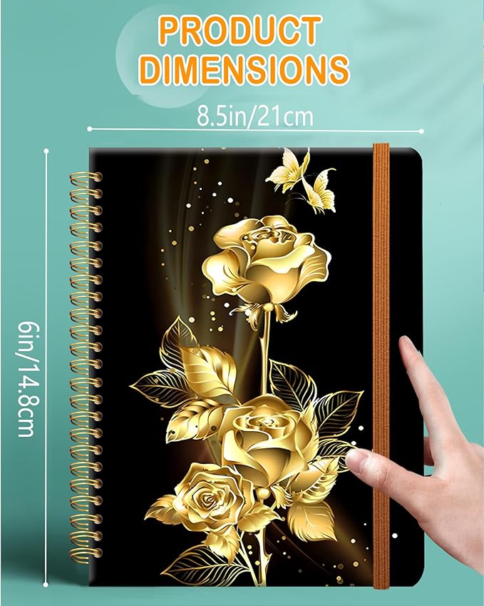 Ruled Spiral Writing Notebook,A5 Hardcover Lined College Journal for Women,Strong Twin-Wire Binding with Premium Paper,8.4" X 6",Perfect for School,Office,Home(Gold Butterfly Rose)