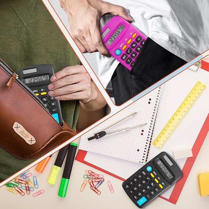 9 Pack Pocket Size Mini Calculator, Solar Battery Dual Power, 8 Digit Display Basic Calculator, Multicolor
