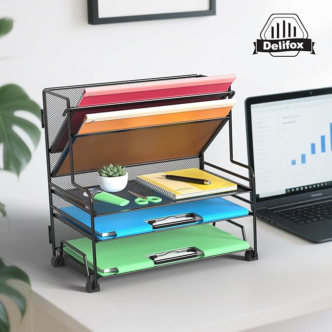 Desk File Organizer, 3-Tier Letter Tray Paper Organizer and 2-Pocket Metal Hanging Basket for Office School Classroom Organization