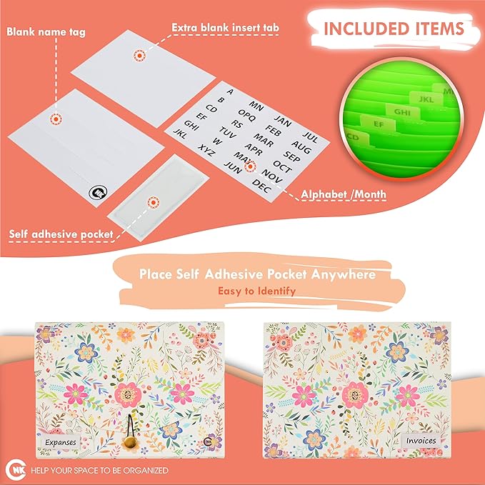 CNK File Folders Organizer with 13 Pockets Accordion Expanding Folder Documents Receipt Document Paper Pocket Filing Accordian Important expandable holder files alphabetical Labels Letter