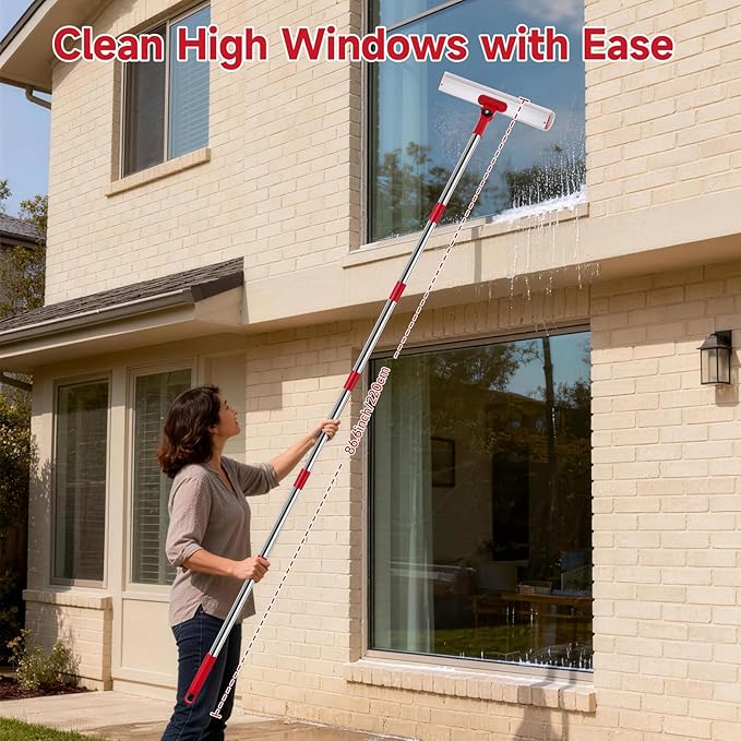 Wa.IE Jiemi 2-in-1 Professional Window Squeegee, 86.6'' Window Cleaner Tool with 6-Section Extension Pole, Window Cleaning Kit with 4 Microfiber Cloth, Window Washing Equipment for in/Outdoor Windows
