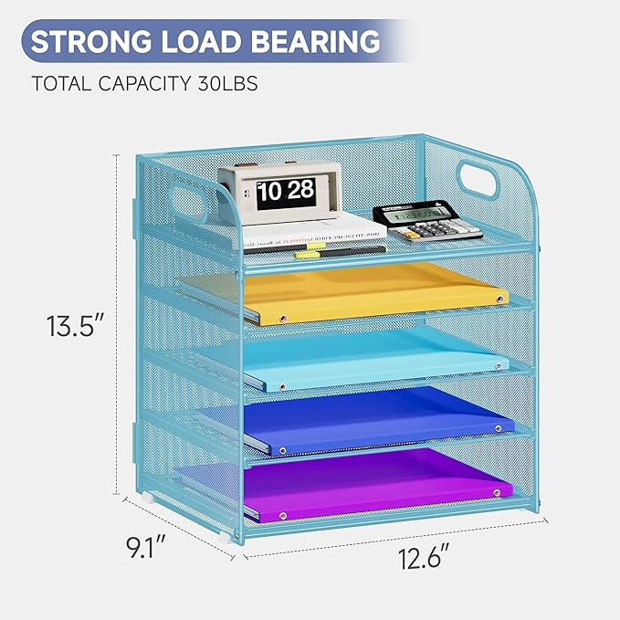 5 Tier Paper Organizer with Handle, Metal Mesh Desk Organizer File Folder Paper Letter Tray Desktop Document Sorter for Classroom, School, Office Accessories Organization and Storage - Blue