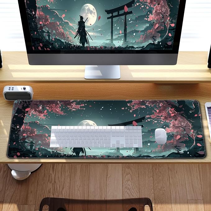 MiaVibte Japanese Full Moon Mouse Pad - Large Gaming Mouse Pad for Computer Keyboard Laptop, Desk Decor Home Office Accessories (31.5x11.8 in), Samurai Desk Mat, Pattern 15
