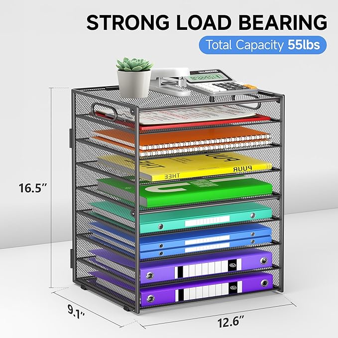 9 Tier Paper Organizer with Handle, Large Capacity Desk Organizer Mesh File Folder Letter Paper Tray Desktop Document Sorter for Classroom, School, and Office Accessories Organization - Grey