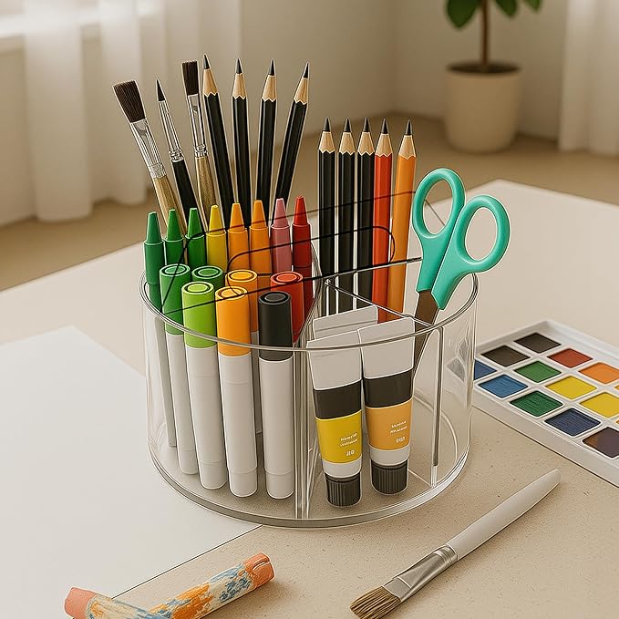 Fab Glass and Mirror Clear Acrylic Pen Holder – Multi-Function Desk Organizer, Makeup Brush Holder, Pencil Cup for Desk, Modern Storage Solution for Office, School & Vanity