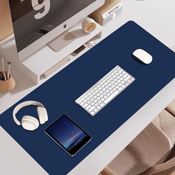 Non Slip Desk Mat, 31.5" x 15.7" PU Leather Desk Pad, Cork Desk Mat for Desktop, Desk Pad for Keyboard and Mouse, Ideal for Office and Home, Dark Blue