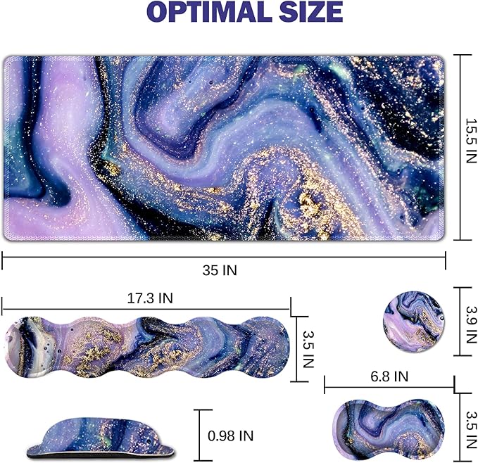 Upgraded Extended Gaming Mouse Pad, Keyboard Wrist Rest Pad, Wrist Support Mousepad Set, Artso Large Stable Rubber Base Stitched Edge Desk Pad (35 x15.5 in) for Work, Office, Home, Purple Marble
