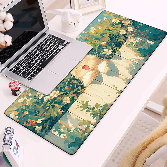 Gaming Mouse Pad, Cute Happy Cat with Flower Large Desk Mat for Keyboard and Mouse,Non-Slip Rubber Base and Stitched Edges Desk Pad for Home Office 35.4x15.7in
