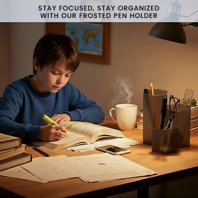 Black Pen Holder for Desk | 3 Compartment Organizer Desk for Pen, Pecils, Makeup Brushes, Tooth Brushes | Cute Pencil Cup Desk Organizers and Accessories for Office, Home, Classroom, Teacher Desks