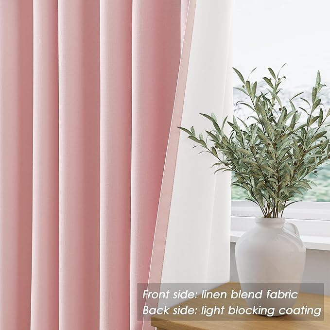 Nanspring Pink Linen Blackout Curtains 120 Inch Length 2 Panels Set Burg Extra Long 10 Ft Back Tab Pocket Drapes Cotton Textured Total Sun Blocking Curtains for Living Room Cottage High Window 52x120