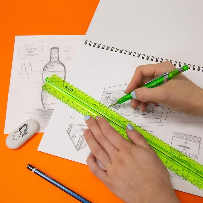 BAZIC Plastic Ruler 12" (30cm) w/Handle Grip, Inches Centimeter Metric Measuring Drafting Rulers, for Students School Supplies, Assorted Color, 6-Pack