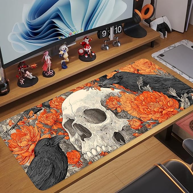 Mouse Pad Desk Mat for Desktop, Large 31.5" x 11.8" Extended Gaming Mousepad with Skull and Raven Design, Waterproof Non-Slip Rubber Base, Computer Laptop Desk Accessories for Women Men Home Office