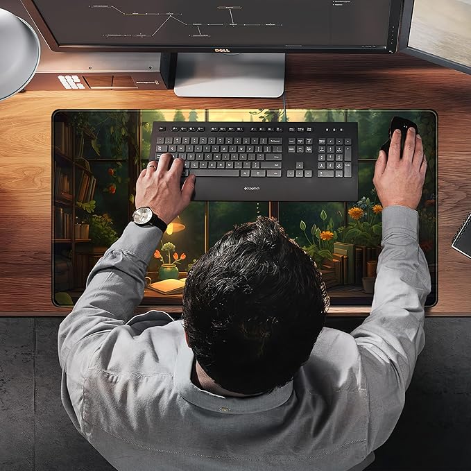 Anime Dark Green Plants Desk Mat Cute XXL Large Extended Mouse Pad Gaming, Lofi Aesthetic Computer Laptop Keyboard and Mouse Mat, Desk Accessories for Women Office Decor Mousepad, 31.5x15.75 in