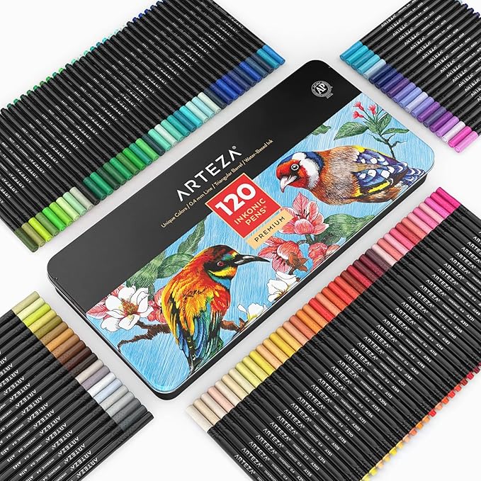 ARTEZA Inkonic Fineliners Pens, Set of 120, 0.4 mm Fine Tip Markers, Water-Based Art Pens for Drawing, Sketching, Journaling, Calligraphy