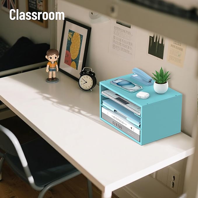 Wood Desk Organizer, 3 Tier Paper Tray Organizer for Desk with Adjustable Storage Shelves, Desktop Paper Sorter Mail Holder for Office Home Classroom, Blue