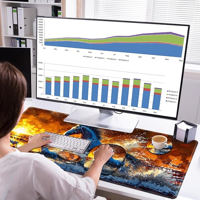 Large Mouse Pad, Keyboard Wrist Rest Set, Ergonomic Mouse Pad with Wrist Support, Desk Mat with Stitched Edges + Coaster, Extended Desk Pad Waterproof Desk Mat for Home Office Game I Running Horse