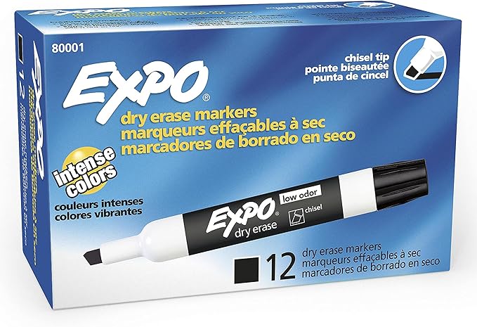 EXPO Dry Erase Markers, Low Odor Ink, Black, Chisel Tip, 12 Count - Easily Erases, Vibrant Ink, Ideal for Classroom, Back to School Supplies, Teachers, Office, Whiteboard & Home