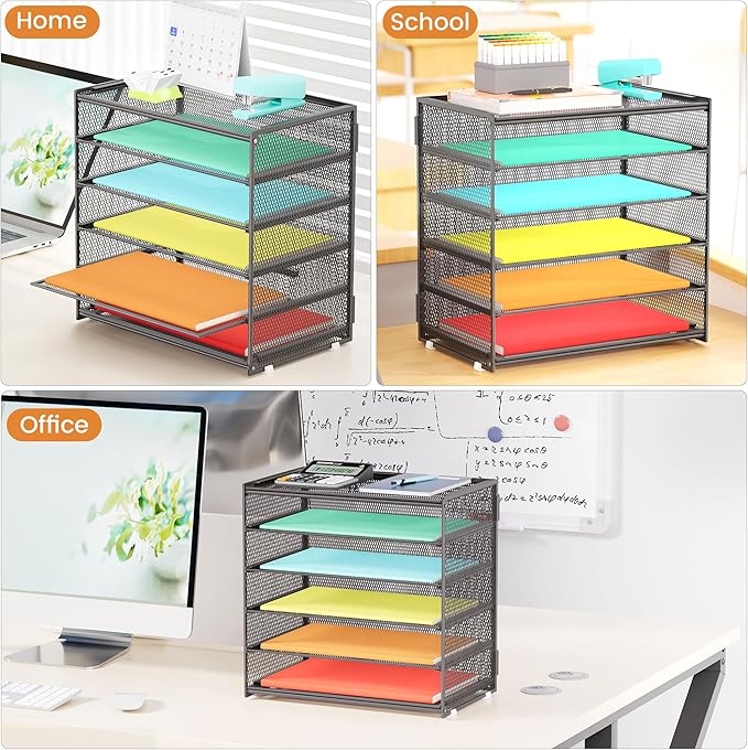 6 Tier Paper Organizer, Metal Mesh Desk File Folder File Folder Paper Letter Tray Desktop Document Sorter for Classroom, School, Office Accessories Organization and Storage - Gray