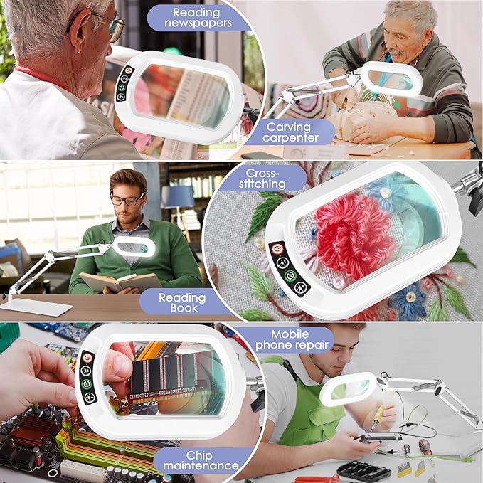 Drdefi 10X Square Magnifying Glass with Light and Stand, Real Glass LED Lighted Magnifier, 5 Color Modes Stepless Dimmable, Hands-Free Mag Desk Lamp with Clamp for Reading Craft Hobby Close Work White