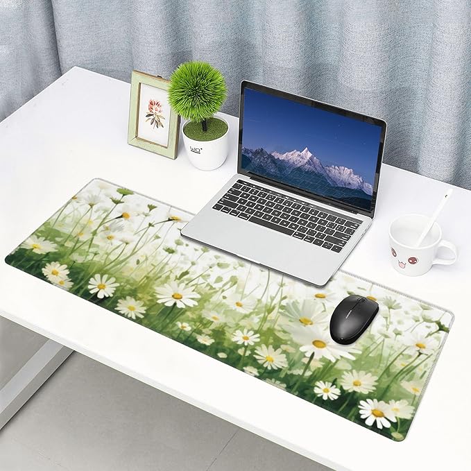 Daisy Flowers Large Mouse Pad, Floral Gaming Desk Mat, XL Keyboard Desk Pad Mat for Desktop, 31.5"x11.8" Non-Slip Base Big Mousepad with Stitched Edges